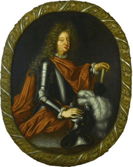 Porträt von Herzog Georg Wilhelm in einer Rüstung des 17. Jahrhunderts mit ernster Miene und aristokratischem Auftreten.