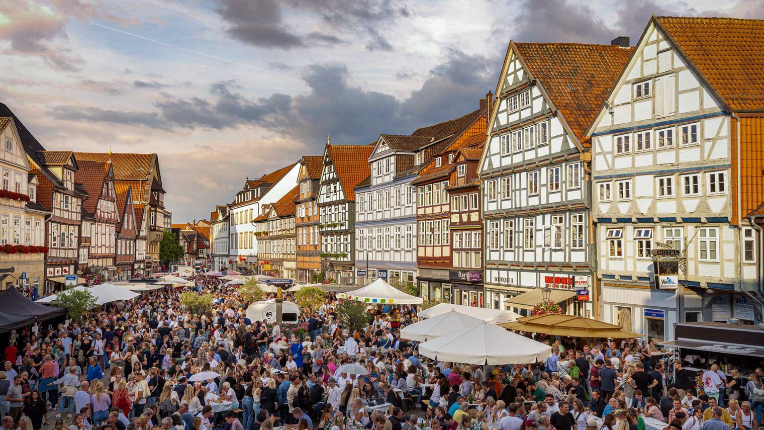 Belebter Celler Weinmarkt mit vielen Besuchern, umgeben von traditionellen Fachwerkhäusern und großen Schirmen.