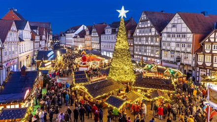 Blick auf den festlich beleuchteten Celler Weihnachtsmarkt auf dem Großen Plan mit Weihnachtsbaum, Buden und vielen Besuchern vor Fachwerkhäusern bei Abenddämmerung
